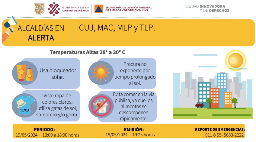 Se activa #AlertaAmarilla por pronóstico de temperaturas altas para la tarde del domingo 19/05/2024, en las demarcaciones: @AlcCuajimalpa, @ALaMagdalenaC, @GobMilpaAlta y @TlalpanAl. #PronósticoDelTiempo #LaPrevenciónEsNuestraFuerza