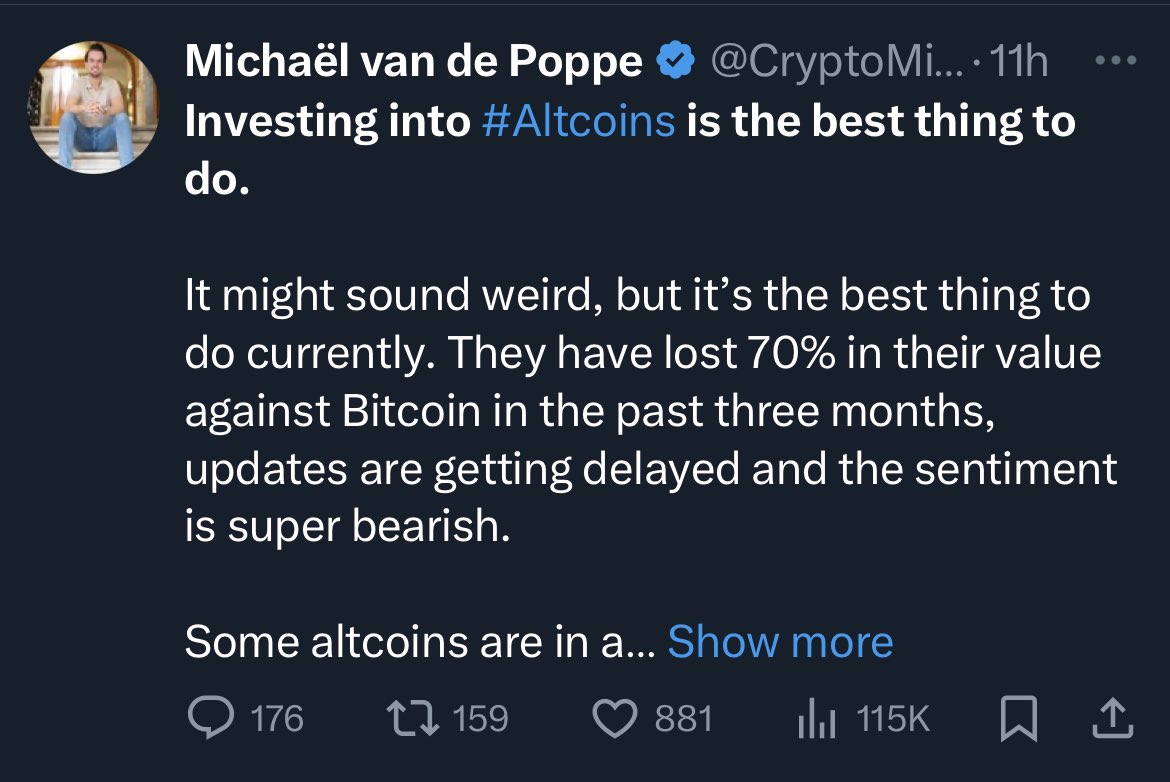Bro has no clue.
$voxel for example is like 7000% down to btc and also over the course of 3y (I made it up).

When I think about it - anything that builds was suppressed down to sh#t.

But. Point is - it’s GOOD to have these gurus start promoting general alt market.