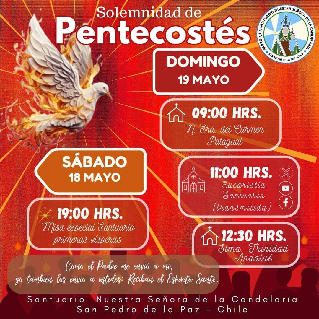 NS_Candelaria's tweet photo. Vivamos esta Fiesta de Pentecostés, comenzando con las primeras vísperas este sábado 18 de mayo a las 19 hrs.
Invoquemos la presencia del Espíritu Santo en nuestras vidas y en nuestra Comunidad

LOS ESPERAMOS!! https://t.co/ZaF6lhQxYg