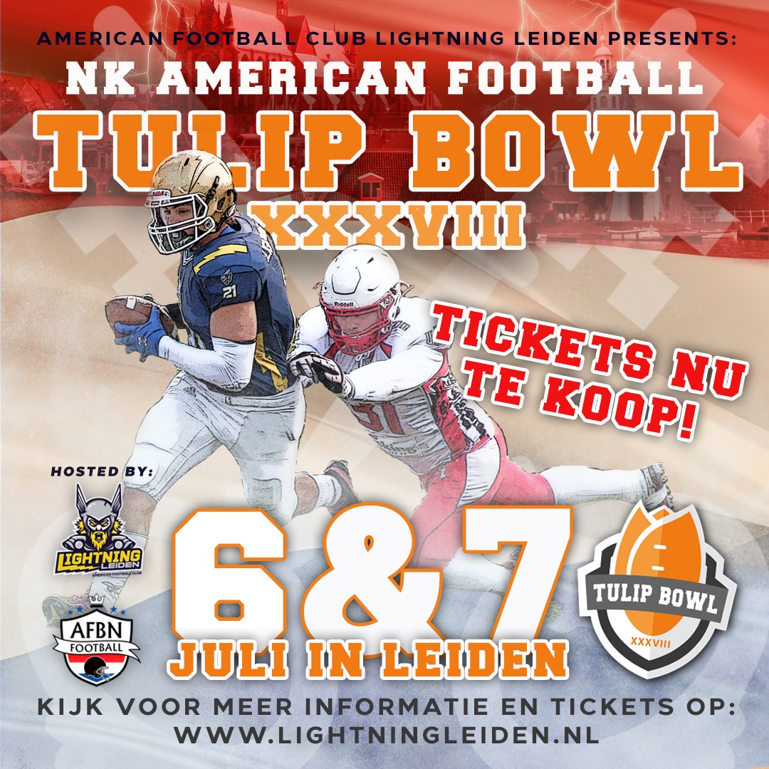 Kom op 6 EN 7 juli naar het NK American Football in Leiden! Drie finales; AFBN 1e divisie, AFBN Eredivisie, WFL dames én een U19 interland tussen de Belgian Barbarians en de Dutch Lions! Een bomvol programma met American Football, cheerleaders, en nog veel meer entertainment.