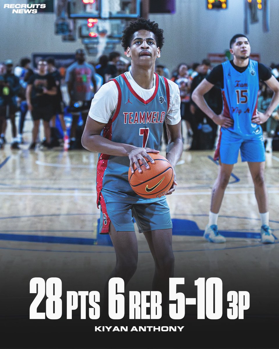 Kiyan Anthony this weekend with Griff, Red, and Straughn watching on:

Game 1: 25 points, 2 rebounds, Block

Game 2: 18 points, 3 rebounds

Game 3: 28 points, 6 rebounds, 3 steals

10/24 from 3 so far this weekend (41.6%)

The Syracuse recruit has been hooping so far.