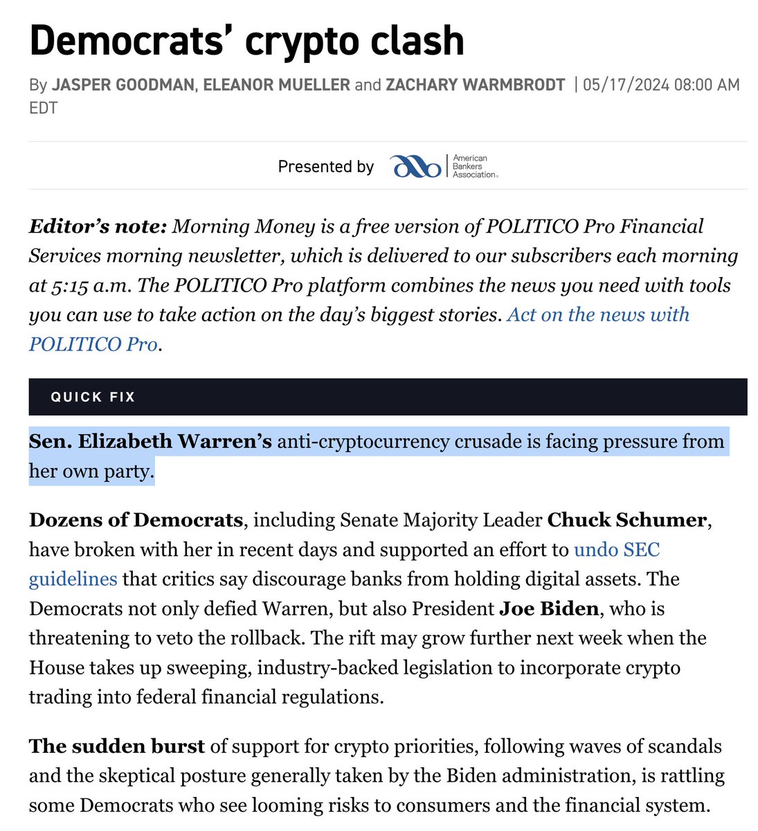 Tòa báo Politico, chuyên về chính trị, đã viết: Thượng nghị sĩ Elizabeth Warren đang phải đối mặt với áp lực từ chính đảng của mình trong chiến dịch chống lại crypto. Hàng chục đảng viên Dân chủ, bao gồm Lãnh đạo Đa số Thượng viện Chuck Schumer, đã bất