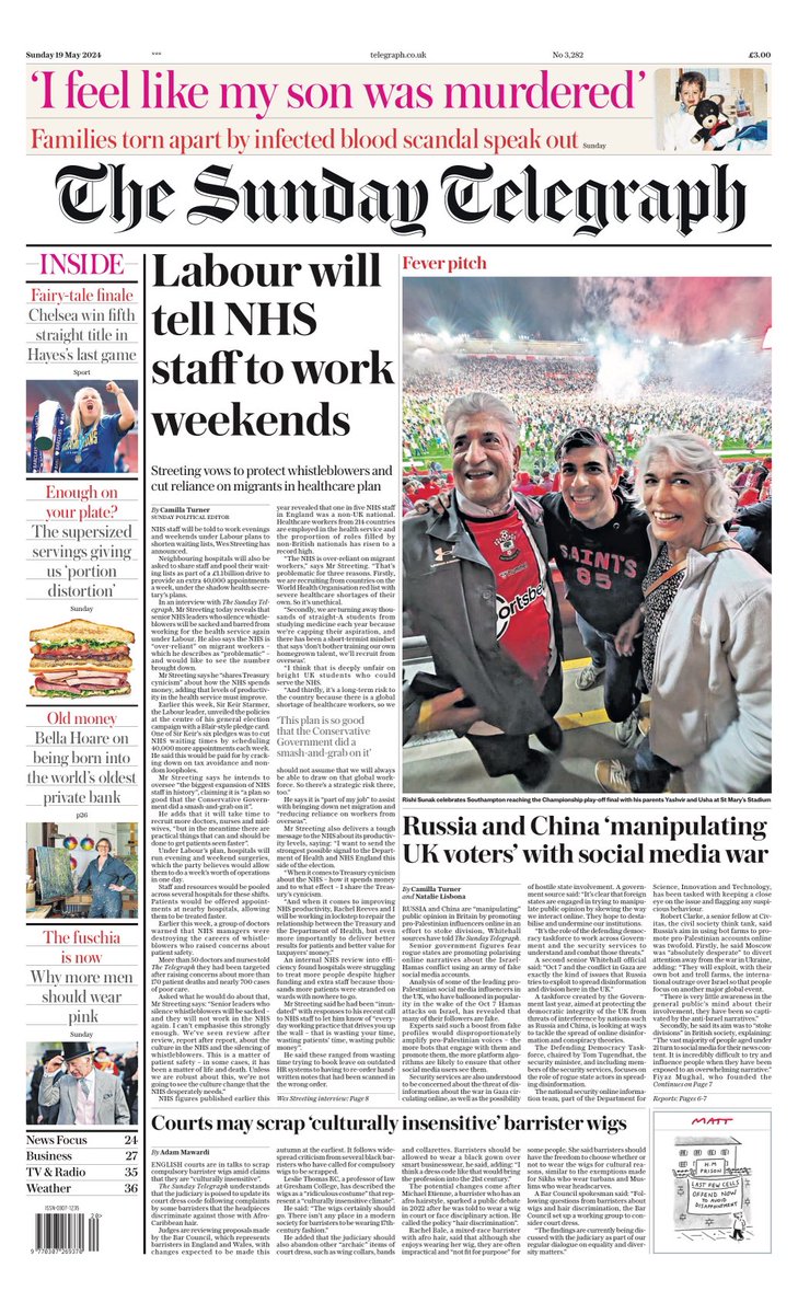 SUNDAY TELEGRAPH: Labour will tell NHS staff to work weekends #TomorrowsPapersToday