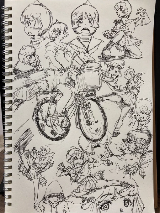 ぐんもー 今日もおはようイラスト  ミサトちゃん、アクション練習 何が難しいって自転車ですねー がんばって描き慣れるまでがんばろう  #絵描きさんと繋がりたい #イラスト