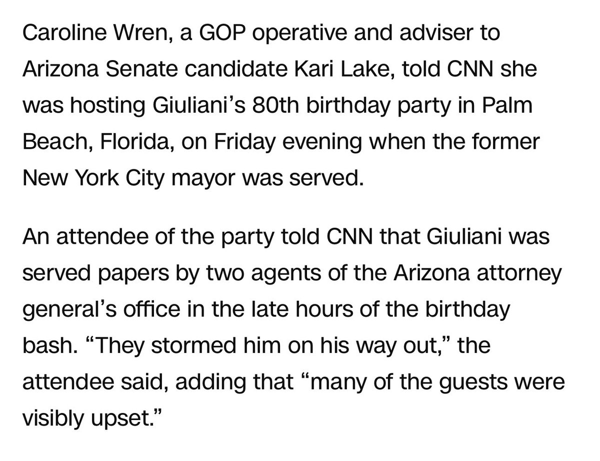 In case you were wondering if Rudy Giuliani is still as sharp as a marble: He was served notice of his Arizona indictment about an hour after sending a taunting tweet where he was “hiding” at his 80th birthday party in Palm Beach. 😂😂 amp.cnn.com/cnn/2024/05/18…