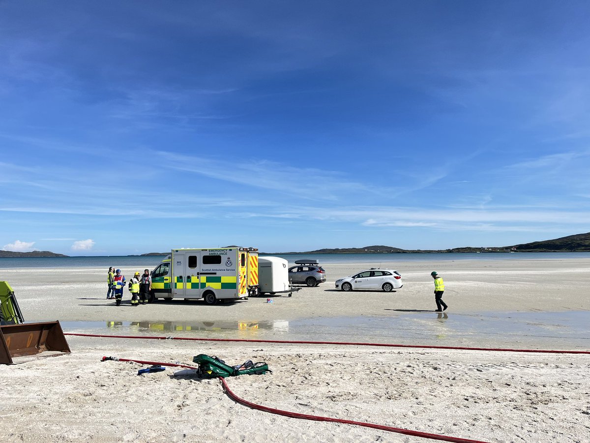 Fantastic joint exercise with the Barra Airport Personnel(HIAL), Police Scotland, the NHS & Scottish Ambulance Service & the Coastguard today. Lots of valuable learning & what can I say, what an unbelievable place to do our jobs! Big thanks to our volunteer casualties. 🚑🚓🚒🛩️🏖️
