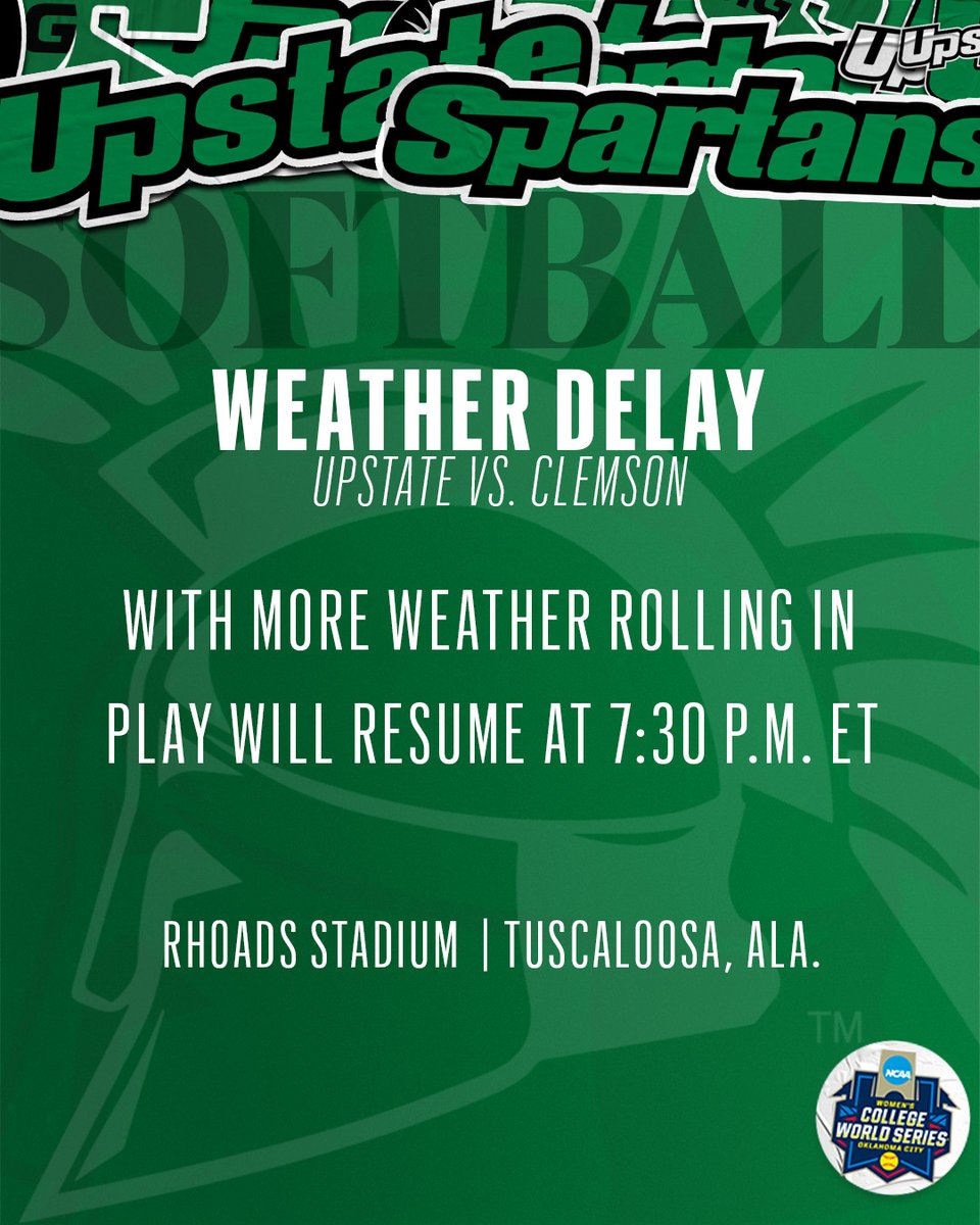 With more weather rolling in here in Tuscaloosa, we should be clear to resume play at 7:30 p.m. ET. See you then! #SpartanArmy ⚔️