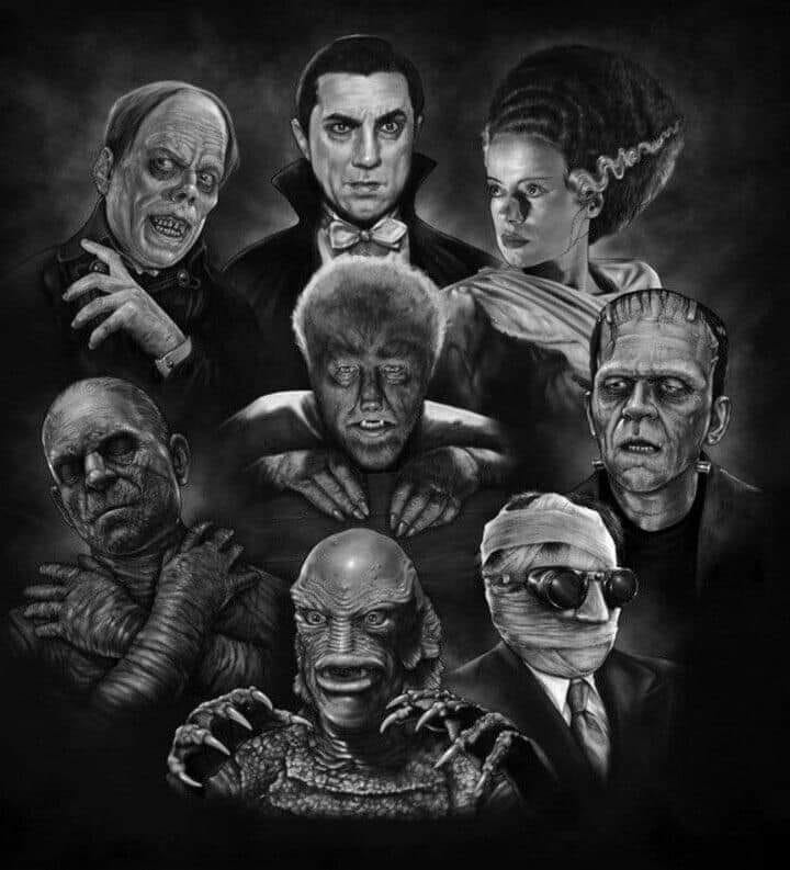 💀The Great Universal Monsters, too many to list here, enjoy!🎨Artist Unknown💀#BelaLugosi #BorisKarloff #LonChaneyJr #Monster #Universal #Horror