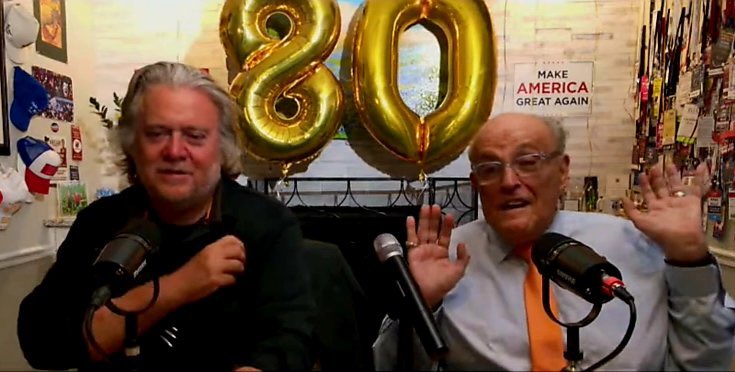 Rudy and Steve Bannon use balloons to reveal how many indictments they predict Trump will be found guilty of.