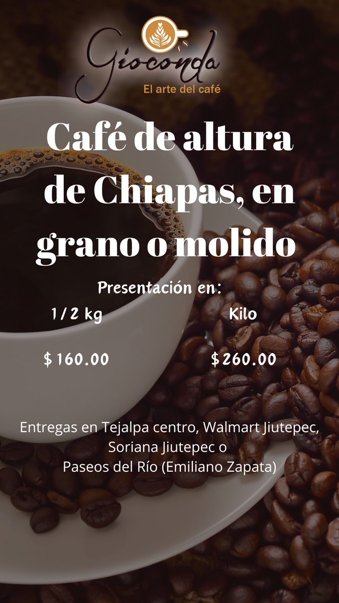 GiocondaCoffee's tweet photo. ***Delicioso #Cafe arábico, de altura de Chiapas***

Tostado ideal para percoladora, olla o cafetera casera.

*Presentación: molido

1 kg- $260
500 gr - $160

Entrega en #Tejalpa centro o Paseos del Río (#EmilianoZapata) https://t.co/VZ0KXCqy4v