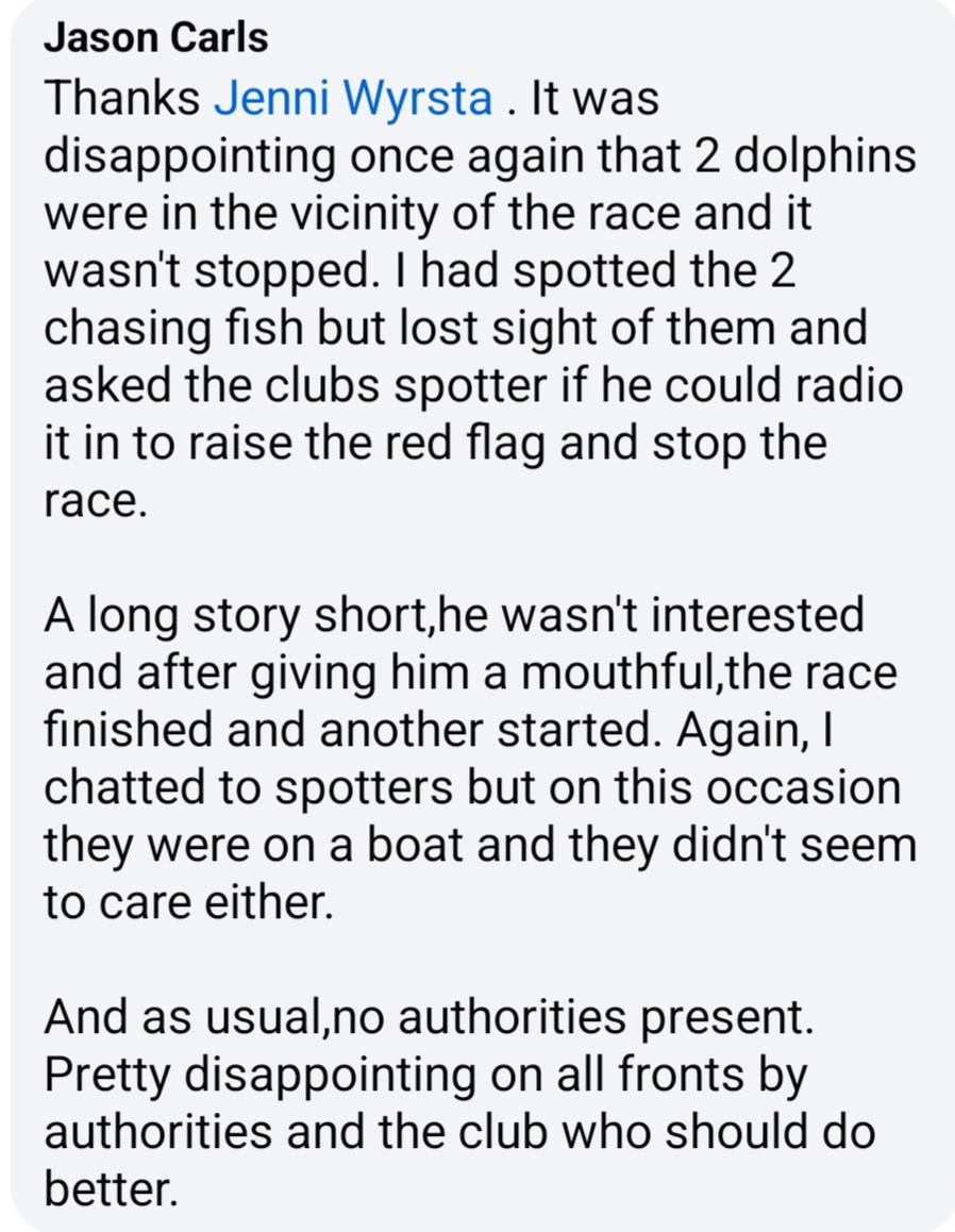 'UPDATE: Very concerning that races weren't stopped with dolphins inside the closed waters for racing. This is a breach of the club's permit to race. Complaints need to go to @DFIT_SA @PMalinauskasMP.' - Jenni Wyrsta