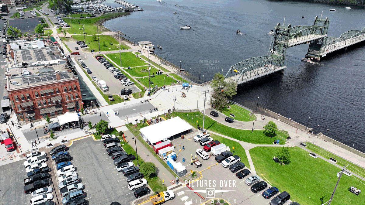 Aerial views downtown @iLoveStillwater ribbon cutting for new chestnut plaza and dine here dance here event on historic lift bridge. @DiscStillwater @exploreminn @StillwaterCOC @storageio @MaryEDivine @tedkozlowski