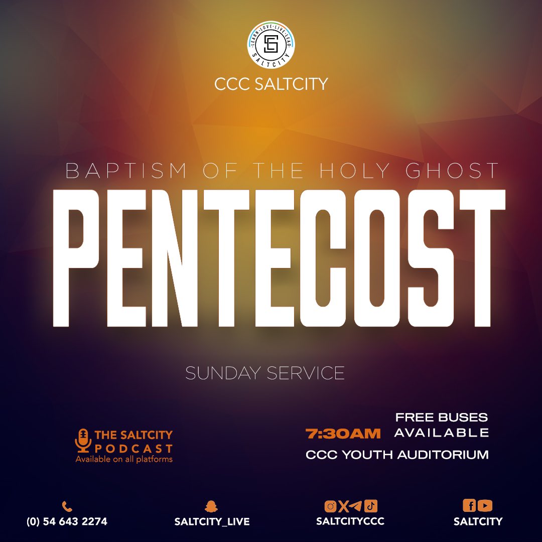 Join us tomorrow for a powerful service dubbed Pentecost! Experience the outpouring and baptism of the Holy Spirit and the renewal of our faith together. You won't want to miss it!✨🙏🏼

#CCC #SaltCity #PentecostService