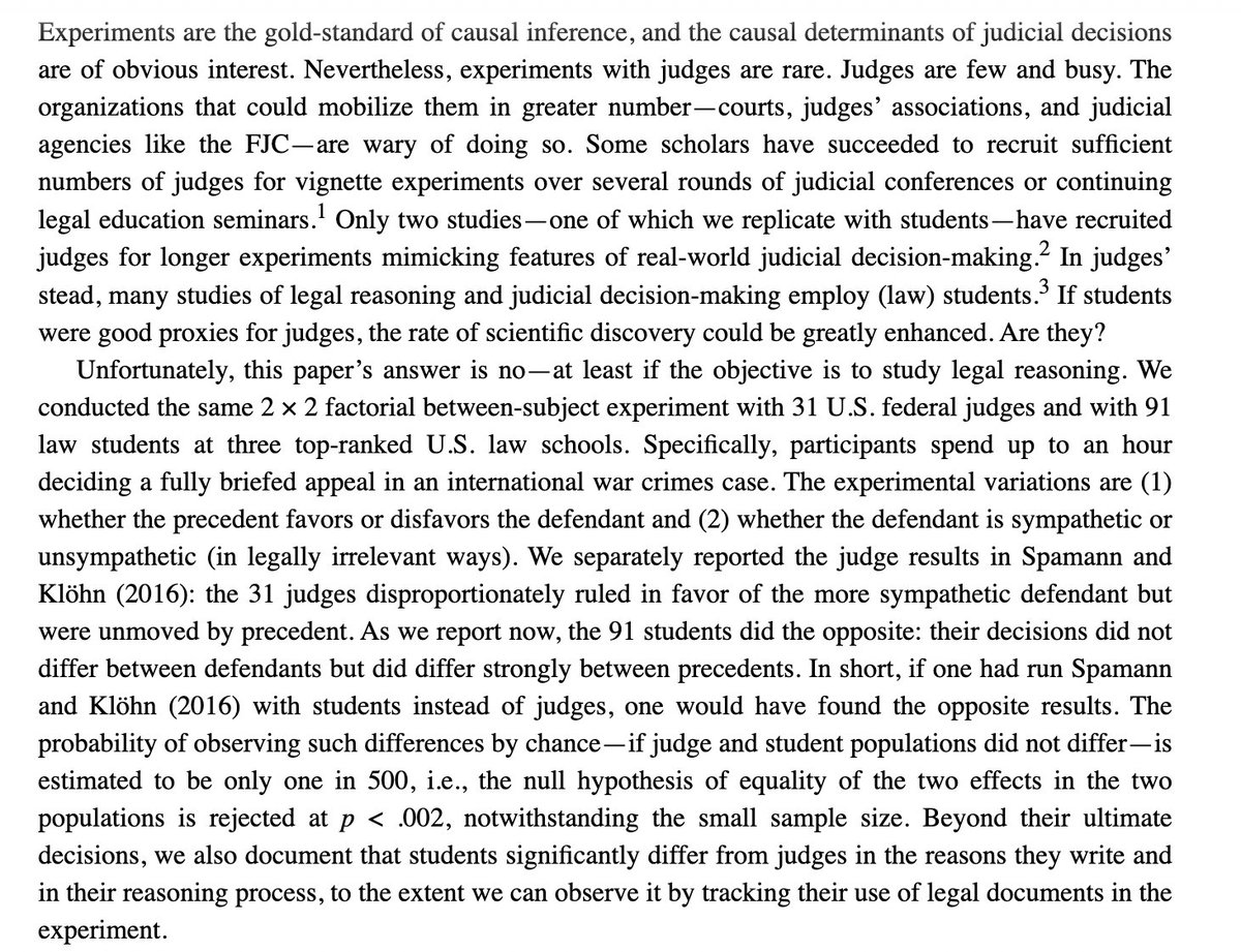 This is a really wild result—a finding that, in a simulated case, federal judges don't follow the law but that law students do—but I wonder if there is an explanation the authors don't identify. 🧵 journals.sagepub.com/doi/epub/10.11…