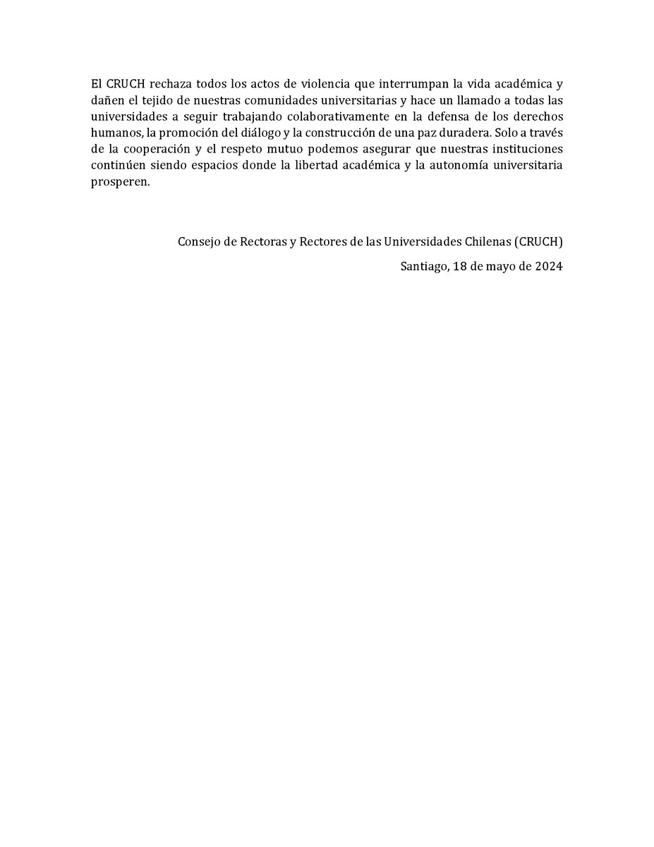 ucscconcepcion's tweet photo. A través de una declaración pública, el @CRUCH_cl  solidarizó con la @uchile por los recientes hechos de violencia ocurridos en la Casa Central, y enfatizó su compromiso con la libertad de expresión y el derecho a la manifestación pacífica; la promoción de la paz y el diálogo, y la protección de las comunidades universitarias frente a cualquier acto de violencia.

Compartimos la declaración completa emitida este sábado 18 por el Consejo de Rectoras y Rectores de las Universidades Chilenas, que integra el Rector de la UCSC, Dr. Cristhian Mellado (@cmelladoc).