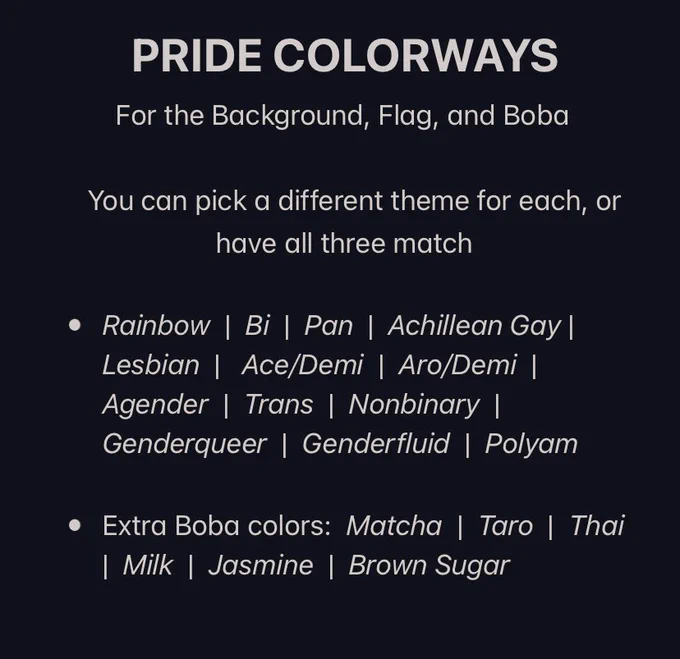  PRIDE BOBA RAFFLE I've finally set up my Pride Boba icons and need a few samples! If you'd like to enter, simply be a follower  • Your Ref• Boba Theme (pride colors or extra boba flavor)• Flag Theme (pride colors)• Background Theme (pride colors) 
