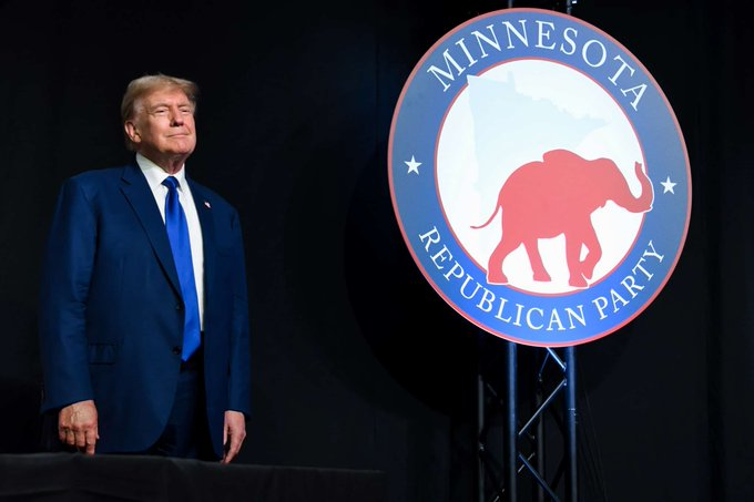 🚨BREAKING NEWS🚨 President Donald Trump held a GOP dinner in Minnesota, declaring his campaign was 'officially expanding' into the state. He claimed he won Minnesota in 2020, despite losing by over 200,000 votes. Trump aims to win the traditionally Democratic state in the