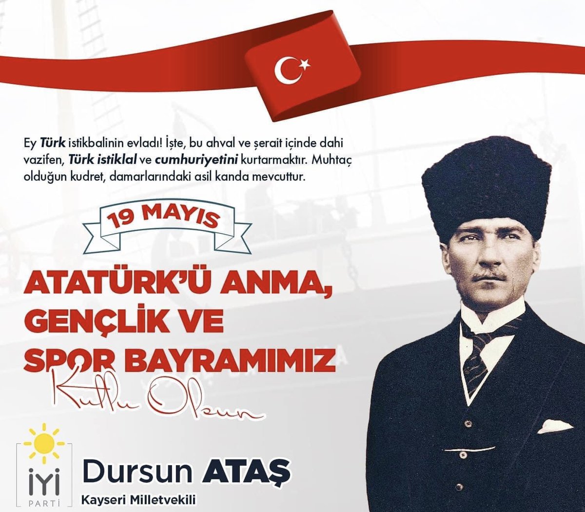 19 Mayıs Atatürk'ü Anma Gençlik ve Spor Bayramı kutlu olsun. Türk milletinin Mavi Gözlü Bozkurt’u Gazi Mustafa Kemal Atatürk başta olmak üzere İstiklâl Harbi'nin tüm kahramanlarını saygı, rahmet ve şükranla anıyorum.