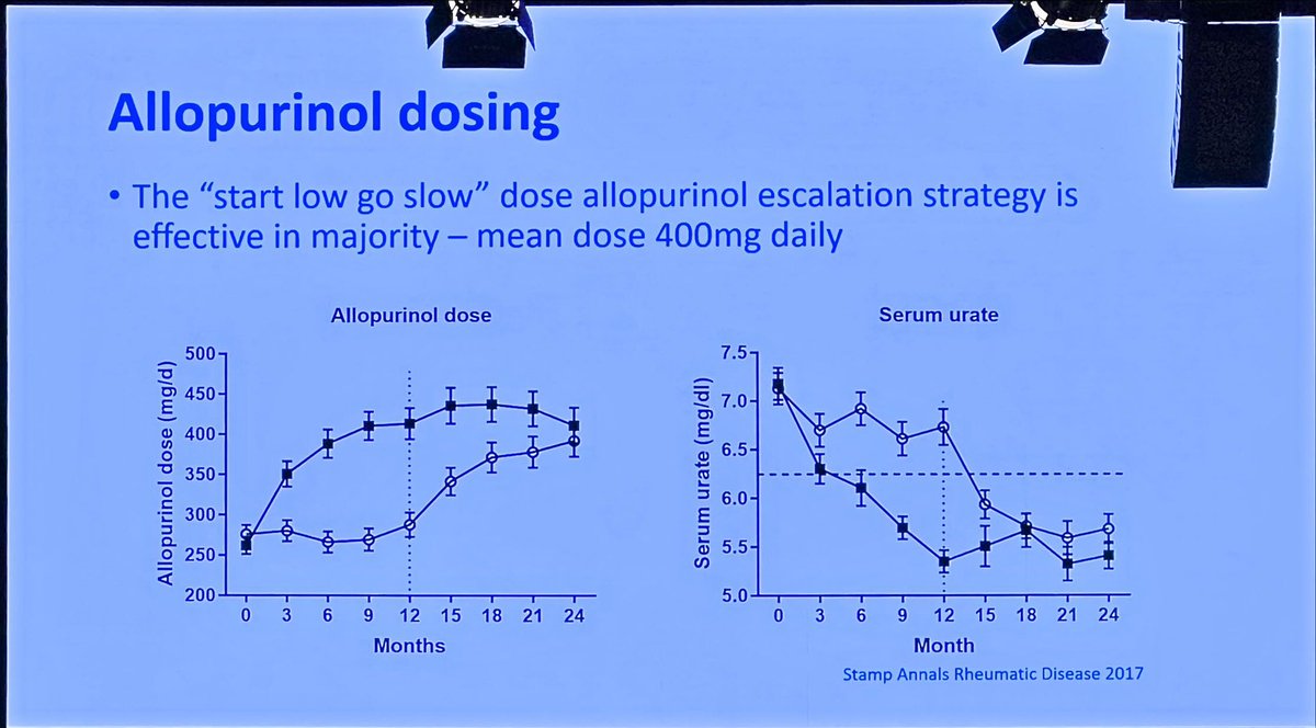 drdavidliew's tweet image. If you’re just giving allopurinol at 300mg daily, you’re condemning up to 4/5 of patients to miss serum uric acid targets.

Allopurinol dosing is a massive cause of allopurinol failure.

Slow escalating to target is safe &amp;amp; effective, even in renal impairment
Lisa Stamp #ARANZRA24