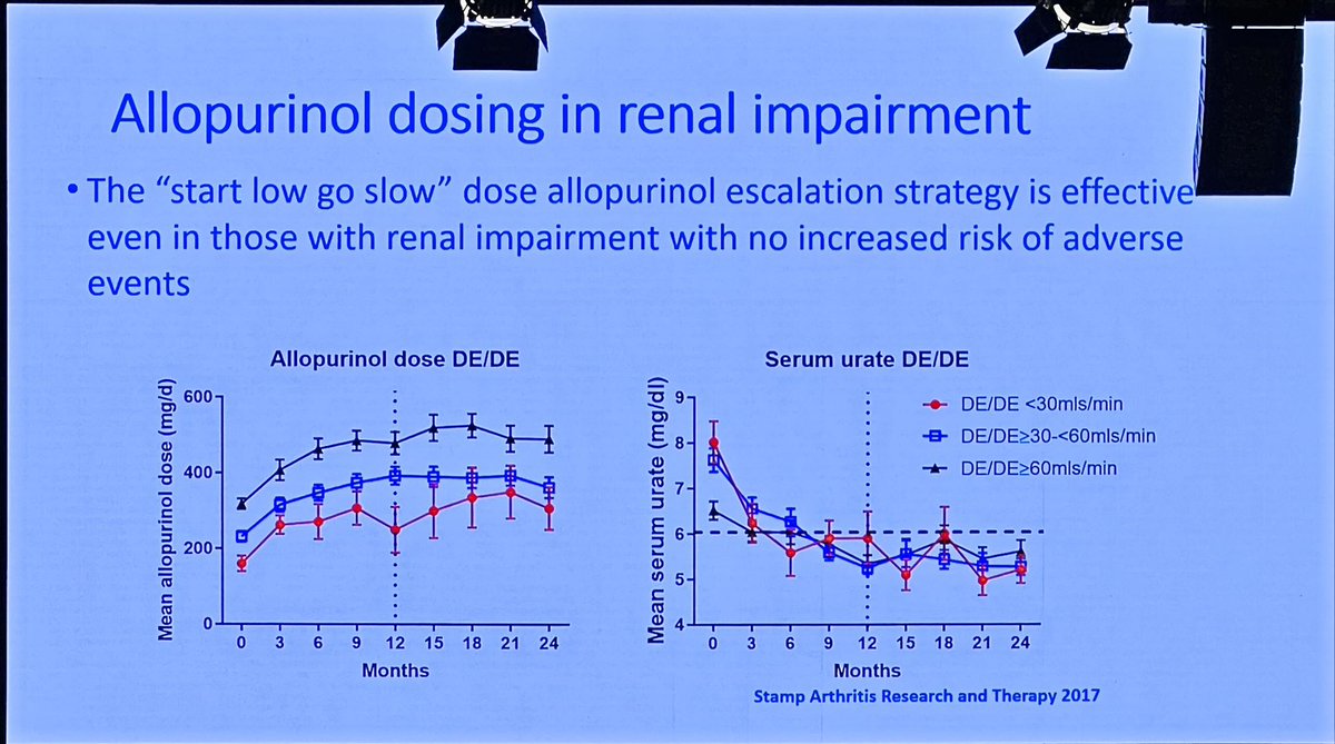 If you’re just giving allopurinol at 300mg daily, you’re condemning up to 4/5 of patients to miss serum uric acid targets.

Allopurinol dosing is a massive cause of allopurinol failure.

Slow escalating to target is safe &amp; effective, even in renal impairment
Lisa Stamp #ARANZRA24