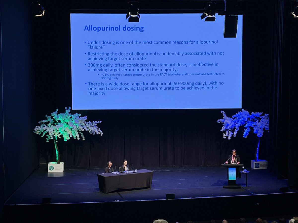 drdavidliew's tweet image. If you’re just giving allopurinol at 300mg daily, you’re condemning up to 4/5 of patients to miss serum uric acid targets.

Allopurinol dosing is a massive cause of allopurinol failure.

Slow escalating to target is safe &amp;amp; effective, even in renal impairment
Lisa Stamp #ARANZRA24
