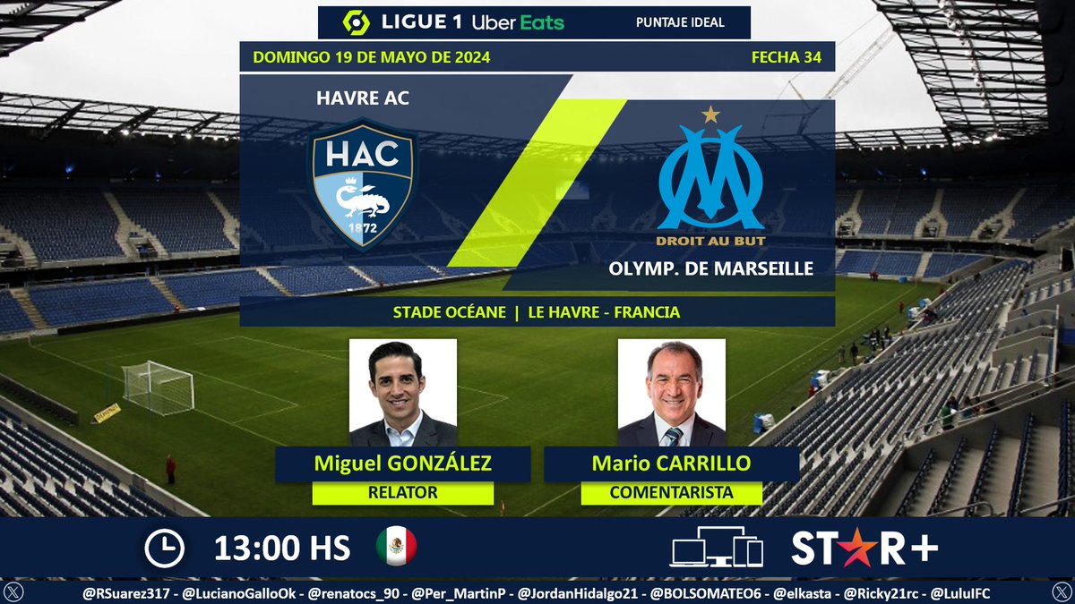 ⚽ #Ligue1 🇨🇵 | #HavreAC vs. #OlympiqueDeMarseille
🎙 Relator: @mg_michel
🎙 Comentarista: @MARIOCARRILLOY2 
💻📱 @StarPlusLA México 🇲🇽
🤳 #Ligue1xESPN - #ESPNenStarPlus - #HACOM
Dale RT 🔃