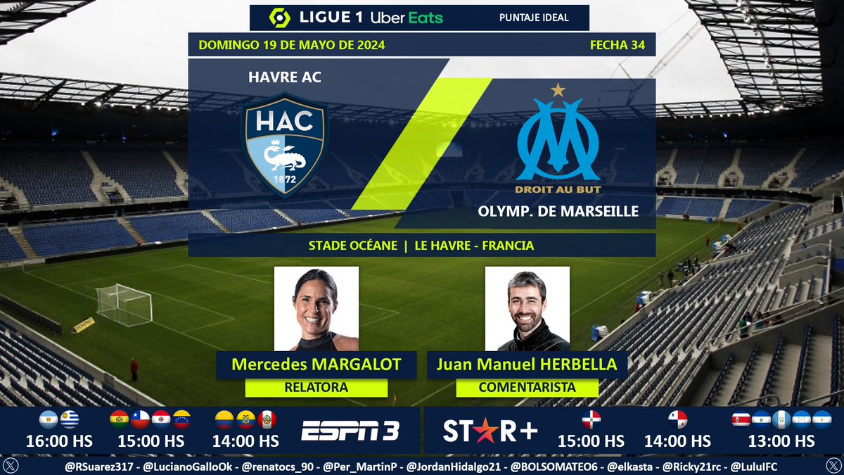 ⚽ #Ligue1 🇨🇵 | #HavreAC vs. #OlympiqueDeMarseille
🎙 Relatora: @MechiMargalot 
🎙 Comentarista: @JuanHerbella 
📺 #ESPN3 Sudamérica
💻📱 @StarPlusLA Latinoamérica (❌🇲🇽)
🤳 #Ligue1xESPN - #ESPNenStarPlus - #HACOM
Dale RT 🔃