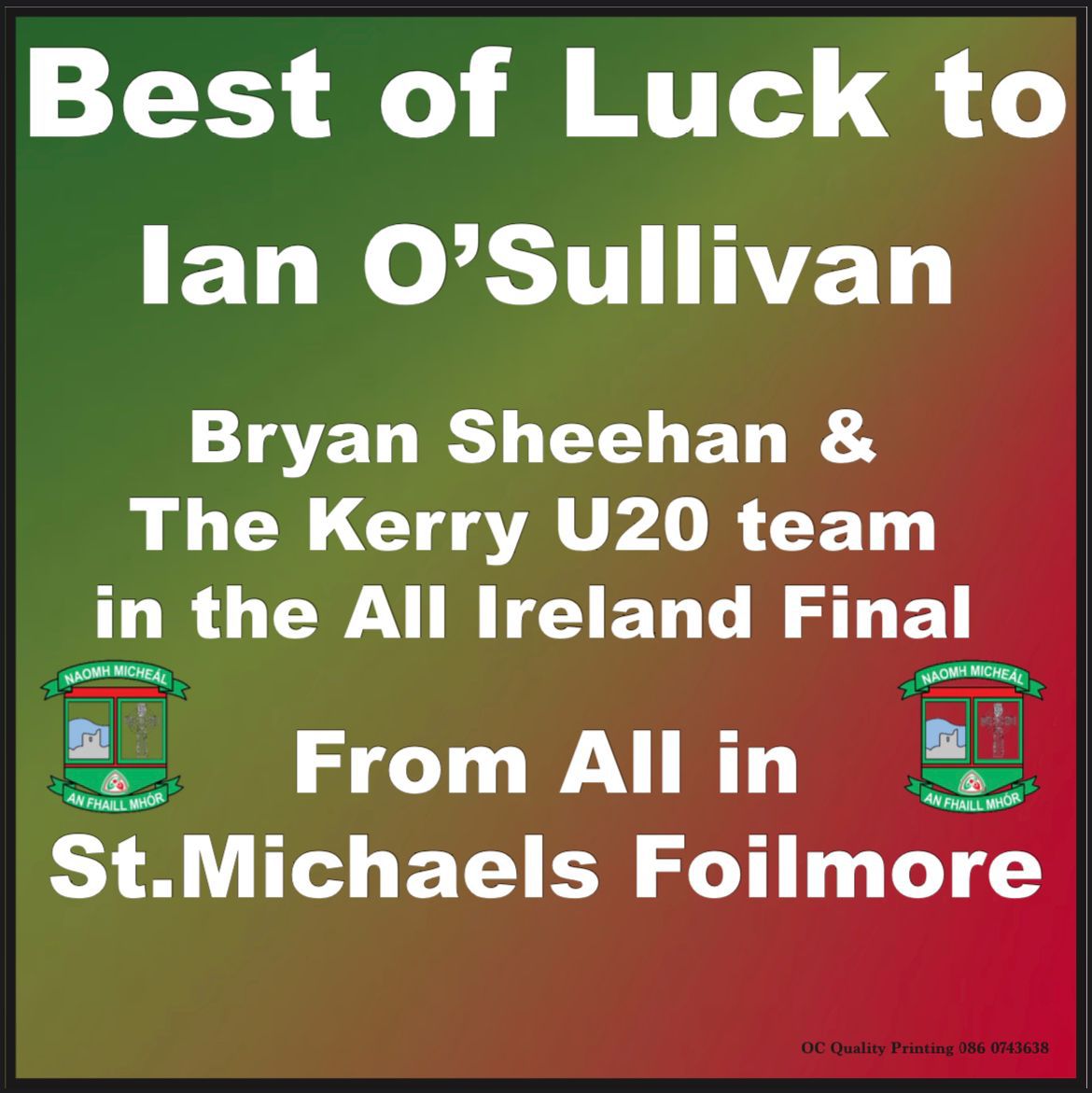 Best of Luck to Ian O’Sullivan, Bryan Sheehan and the Kerry U20 team &amp; management in the All Ireland Football Final against Tyrone tomorrow.
💚💛