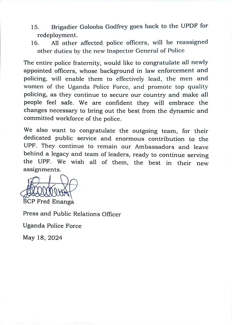 Please take note of the deployments and redeployments made by President Yoweri Kaguta Museveni within the Uganda Police Force.