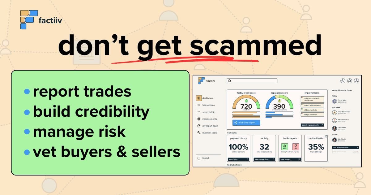 Tired of the 'Trust me, it's legit' line? Scams while trading watches or goods can leave you with a dent in your pocket and trust. That changes NOW with factiiv.io.
How do we help?

#factiiv #TradeSafe #NoMoreScams #BusinessSuccess,#businessowner,#BusinessCredit