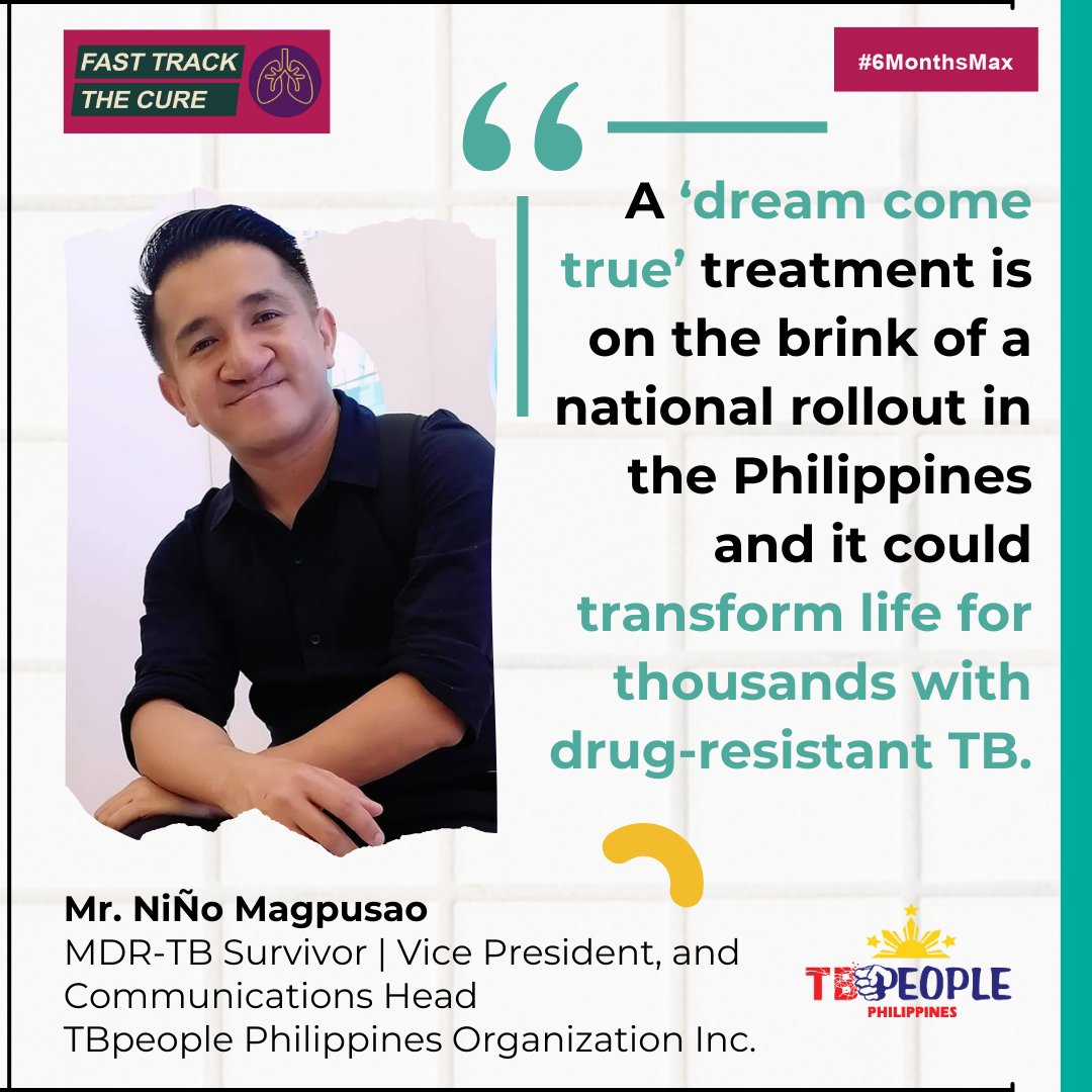 Niño is the VP of @TBpeoplePH is very excited that a transformative DR-TB treatment is rolling-out to reach more Filipinos by the day. Help him and his organization in spreading awareness and of a #6MonthsMax DR-TB treatment that is safer and more effective. #End #2024AMRHLM
