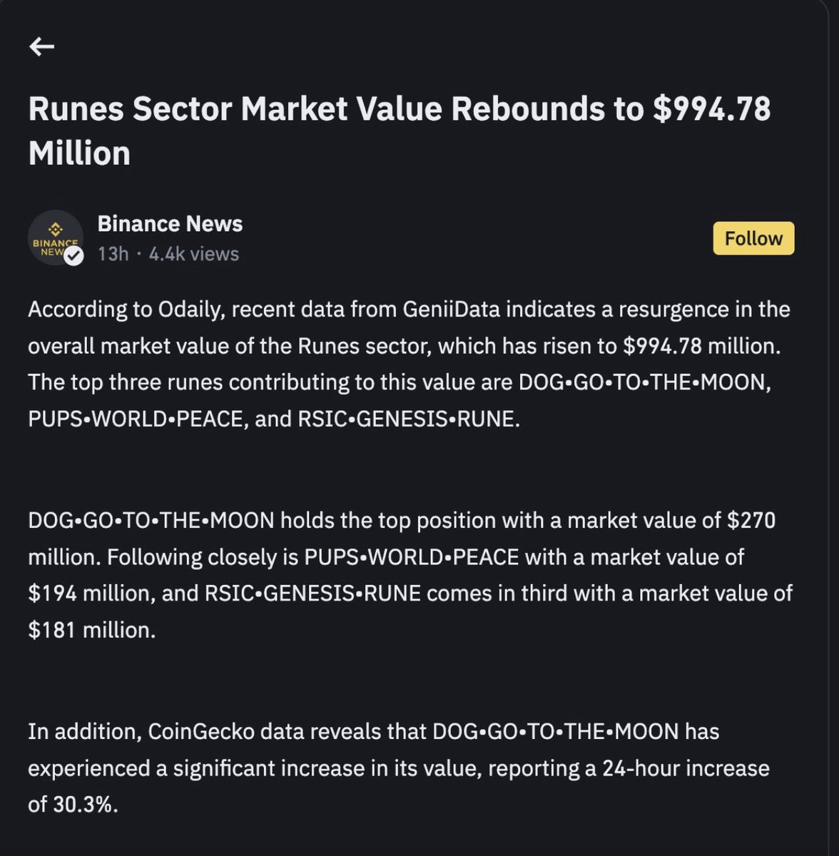 Don’t call it a comeback!!! @binance tracking the #Rune market closely 👀

#Runes back over 1 Billion Market Cap with $DOG $PUPS and $RSIC 🎱 leading the way. This is only the beginning 🥂