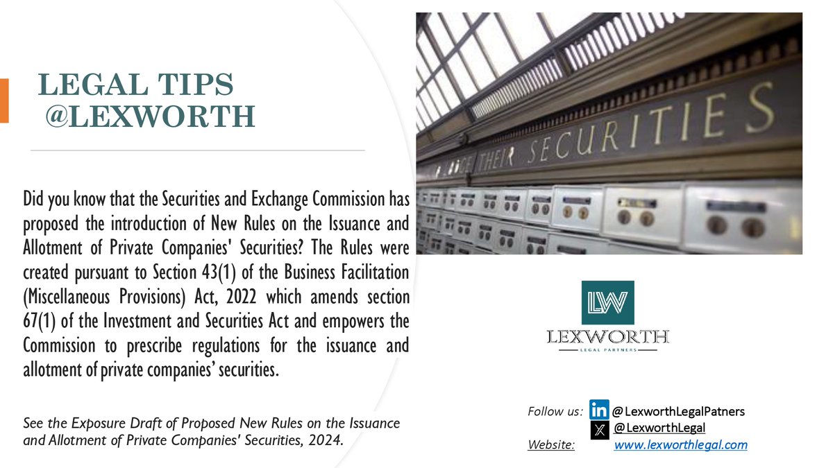On the 10th of May 2024, the Securities and Exchange Commission issued New Rules on the Issuance and Allotment of Private Companies’ Securities. To learn more about the proposed rules, click here lnkd.in/dqACCFVP #sec #privatecompanies #securities #bfa