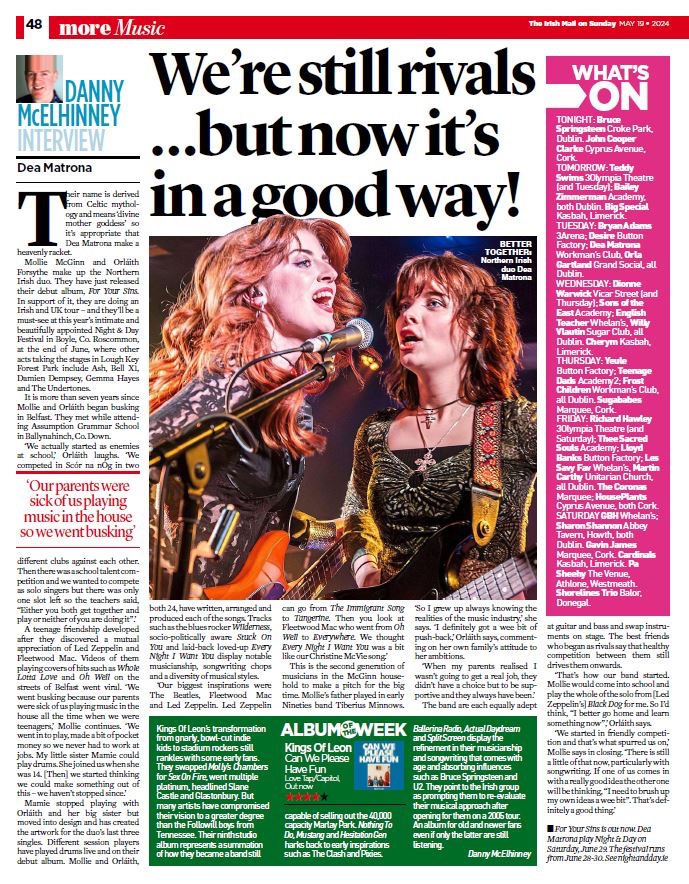 I talk to the great @DeaMatronaBand @IrishMailSunday
I review the new album by @KingsOfLeon
You can check out gigs this week including @springsteen in Croker, Dea Matrona in the Workman's and the brilliant @EnglishTeacher @whelanslive
@aikenpromotions @mcd_productions