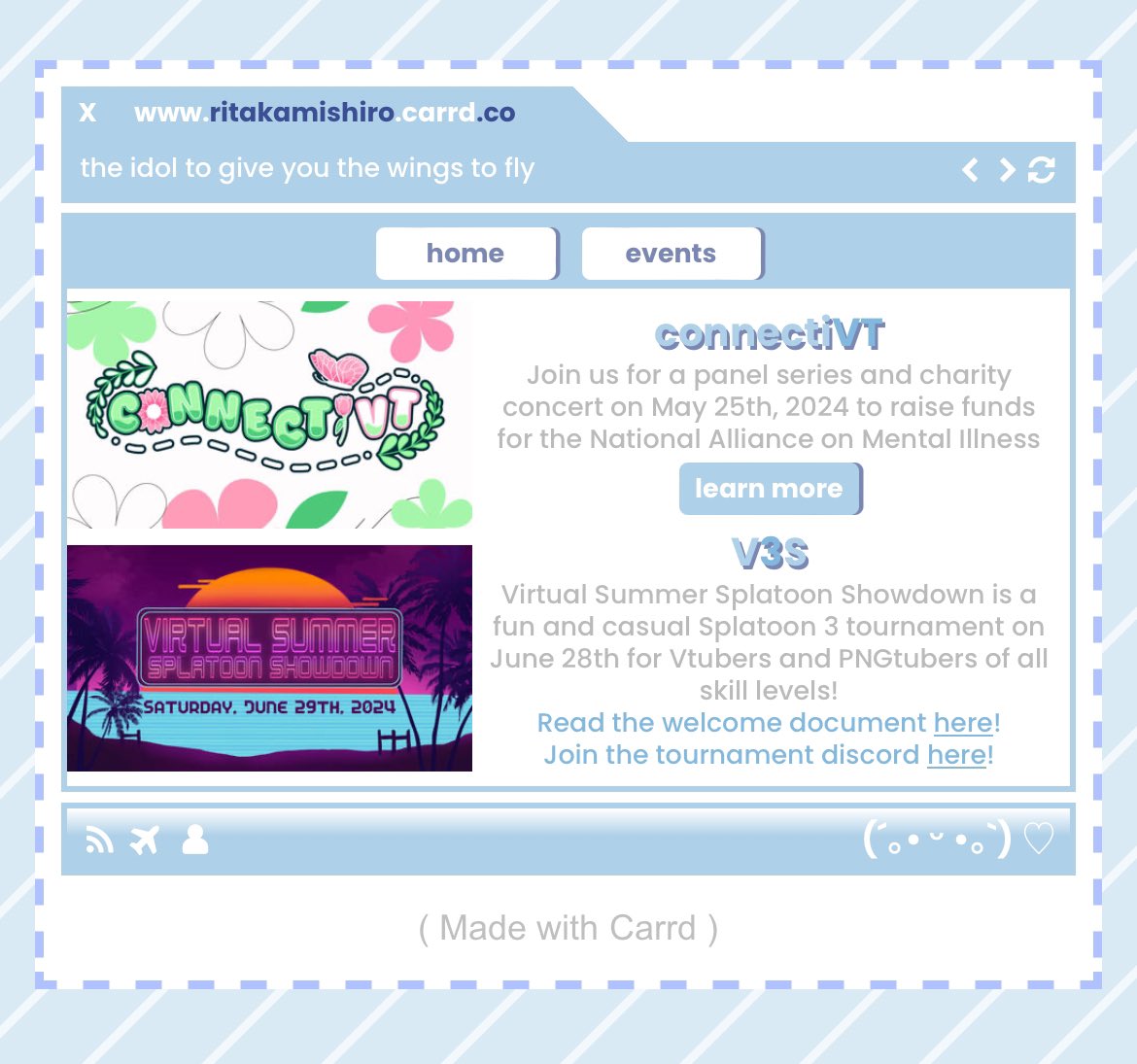 I made a carrd so you can easily find my event information and more!! 

It’s very bare bones since I just made it, but maybe I’ll add more stuff in the future!! :D