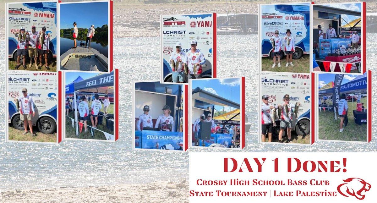 Day 1 Done! Go, @CrosbyHigh Bass Club! Mr. Thompson shared this report from the State Tournament: 'Boys fished on a HOT day. No one quit early. They all fished hard and competed until they had to stop. We still have a lot of fishing tomorrow on Day 2.' Good luck! #MovingForward