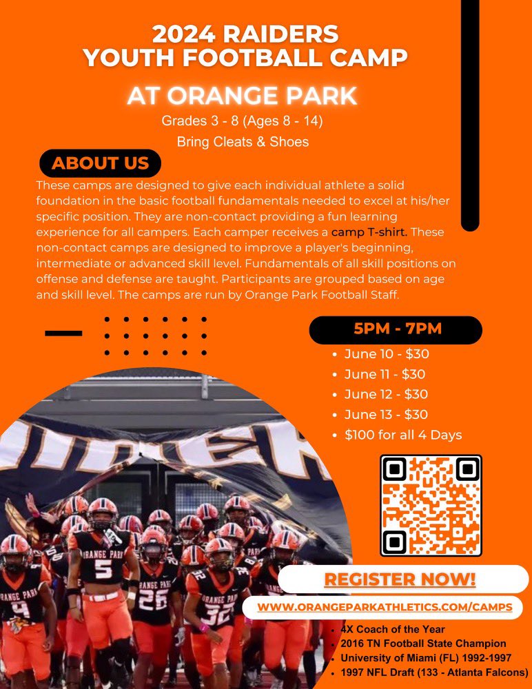 Don't miss the OPportunity to cOmPete! Can't wait to see you at 2024 Raiders Youth Football Camp. Lock In Your Spot Today. 🔗orangeparkathletics.com/camps