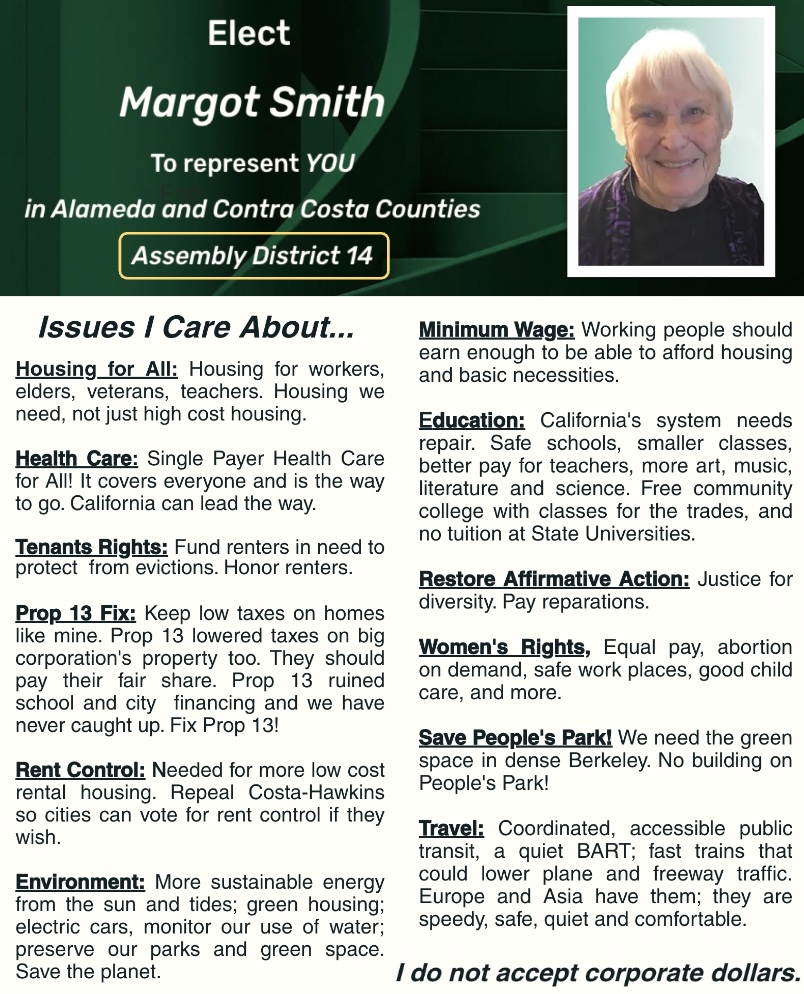 For those looking for an alternative to @BuffyWicks in #AD14, esp after watching her undemocratically kill #AB2200 this week, she has a progressive challenger who supports #SinglePayer: Margot Smith. Don't know much about Margot yet, but I do like the fact that she's not Buffy.