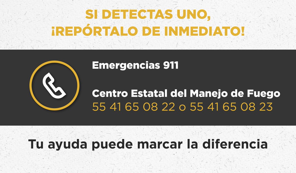 #LaPrevenciónEsNuestraFuerza | Esta temporada, las altas temperaturas aumentan los incendios forestales, los cuales pueden poner en riesgo tu integridad y deterioran el Suelo de Conservación de la capital. 🔥🚒 Si detectas uno ¡repórtalo! Llama al ☎️ 911 o al 5541650822 /