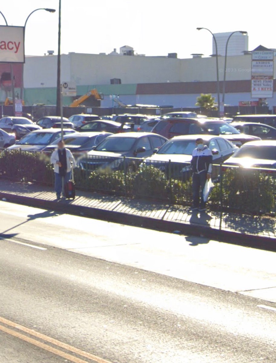 The city desperately needs to build bigger sidewalks around the Grove.. look at the bus stop 😳