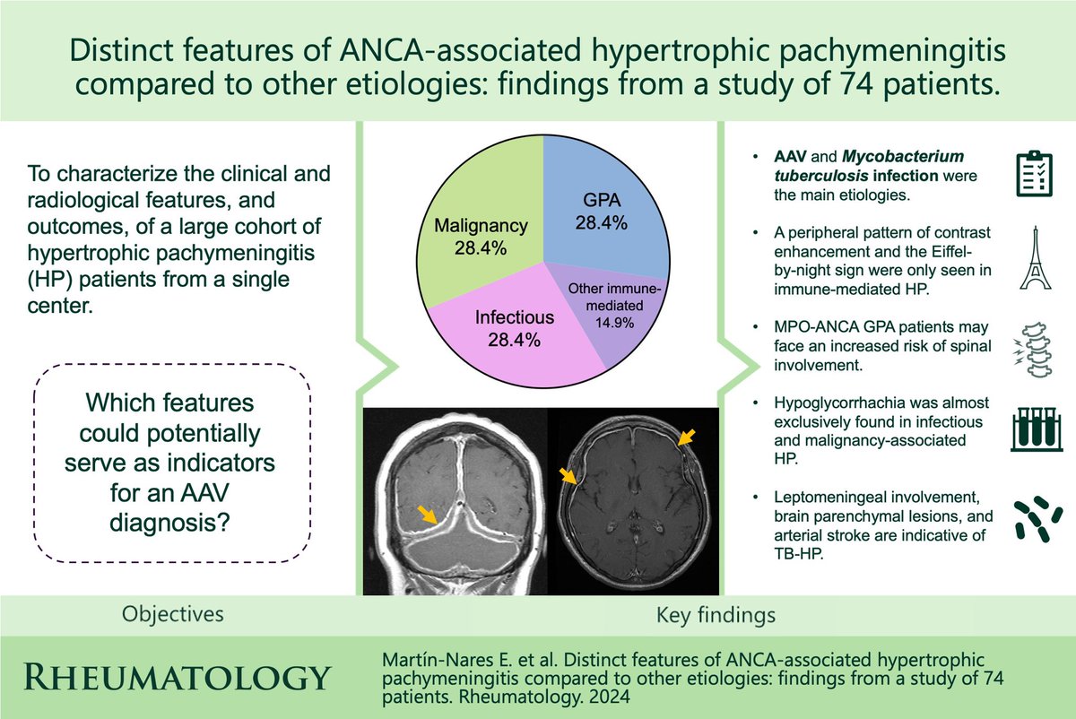 👉🏼Thrilled to share our work on hypertrophic pachymeningitis 🧠 🔹Main etiologies: GPA and TB. 🔹Clinical, CSF and MRI findings may help differentiate among etiologies. @RheumJnl @lilito_cano @gristere @incmnszmx @ReumaJoven @PanlarLeague @ColMexReuma PMID: 38759113