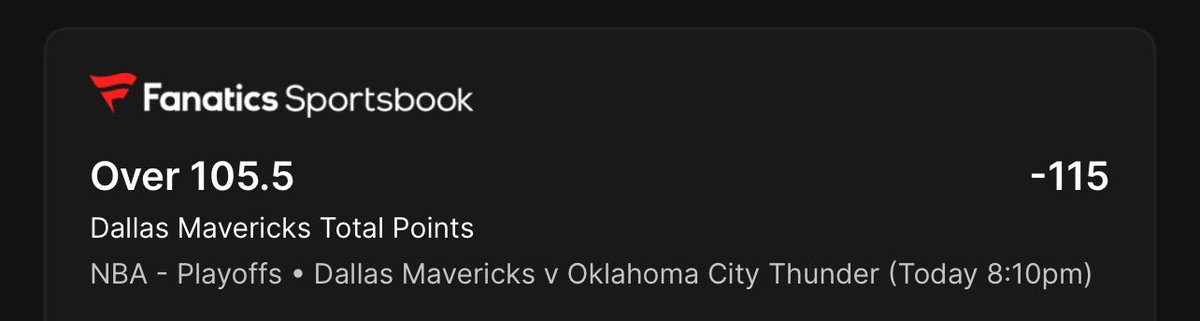 FREE PLAY 🚨💣 

DALLAS MAVERICKS OVER 105.5 TT 

#NBAPlayoffs     #NBA     #GamblingTwitter #mrtakeriskbets #GAMBLING   #GamblingX    #sportsbettingpicks #GamblingCommunity #SportsBettingX   #Road2Gold  #thunderup  #onefordallas