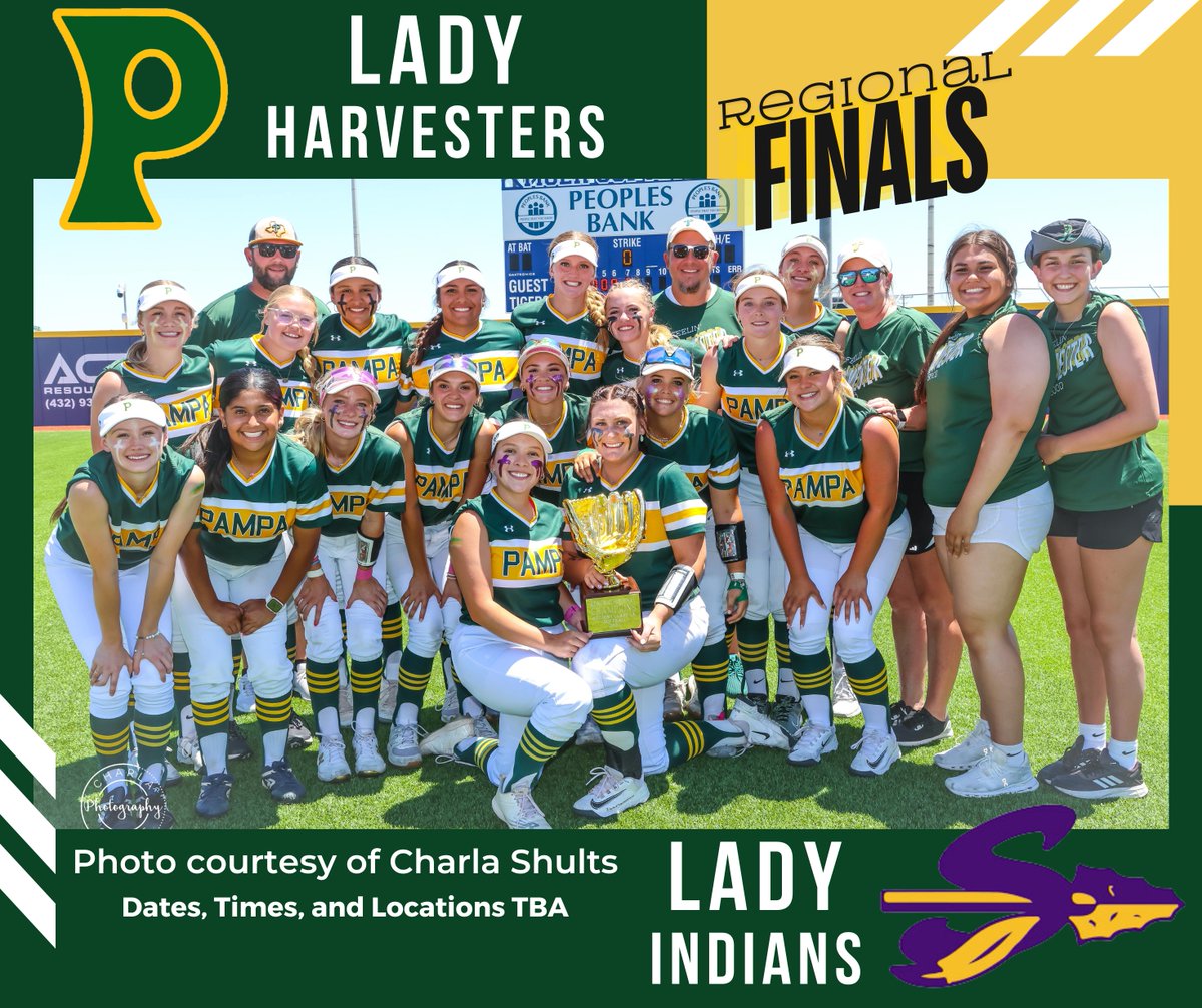 Regional Finals opponent is set!
Pampa @LadyHarvesterSB v. Sanger Lady Indians
Dates, Times, Locations are TBA.
#pampaproud