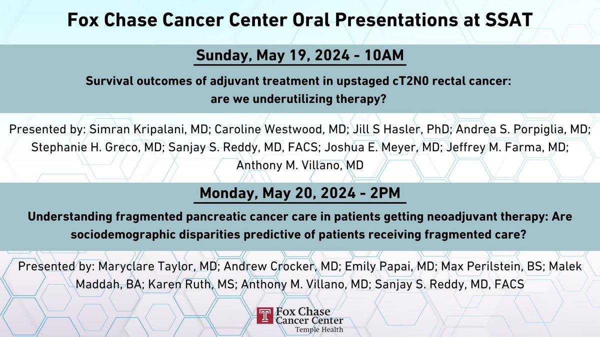 Fox Chase Cancer Center presentations taking place on Sunday, May 19 and Monday, May 20 at SSAT! @SanjaySReddy @JeffreyFarma @AMVillanoMD @AndreaSurg1 @stephaniehgreco