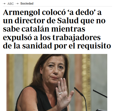 El gobierno de Armengol expulsó a 2.500 trabajadores de la sanidad balear por no tener el título de catalán mientras enchufó como Director de sanidad a un amiguete sin ningún título de catalán. La tercera autoridad del Estado.