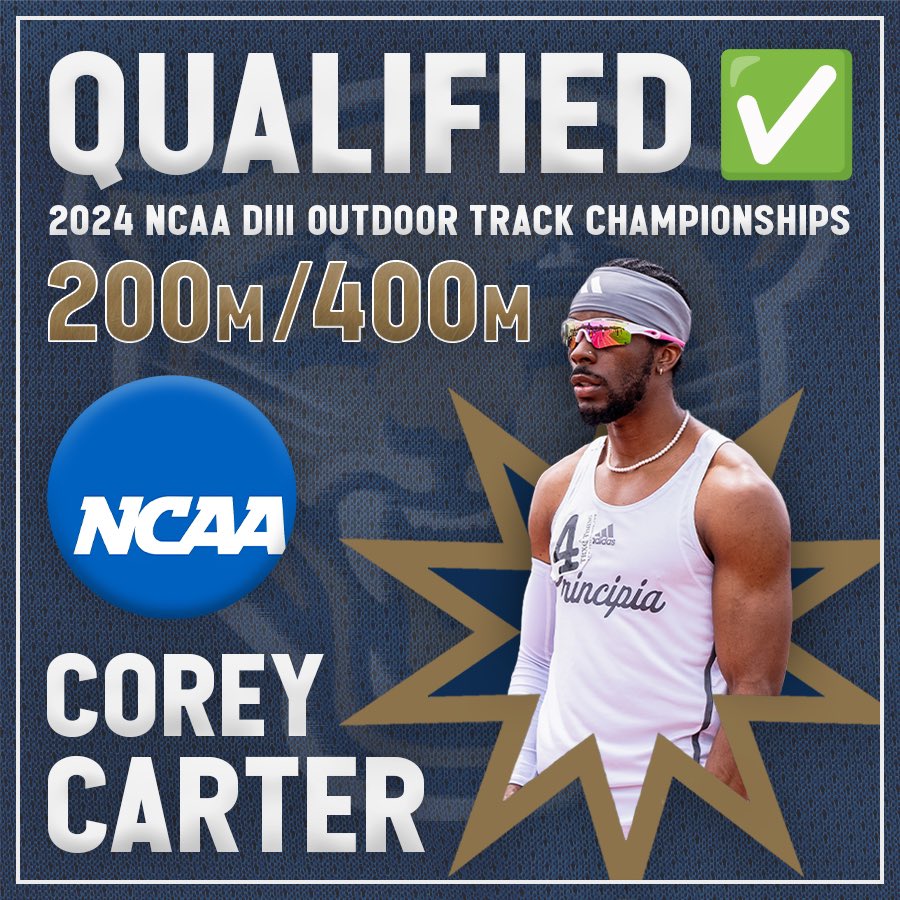 Corey Carter has officially qualified in the 200m and 400m, and is headed to next week’s NCAA DIII National Championships in Myrtle Beach!

Schedule (ET):
May 23 - 6:55 pm - 200m Prelims
May 24 - 5:15 pm - 400m Prelims
May 25 - 5:20 pm - 400m Finals
May 25 - 6:50 pm - 200m Finals
