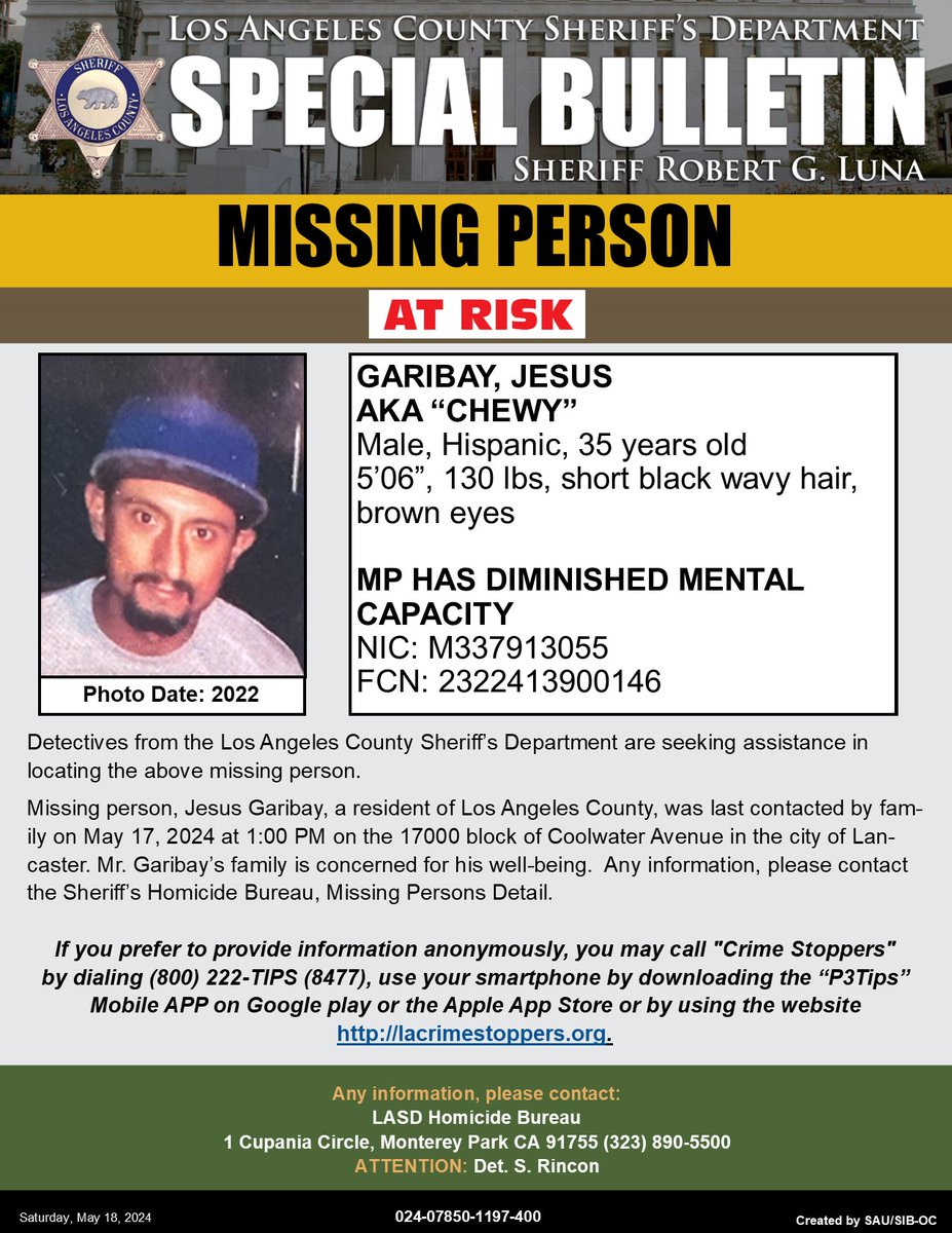 #LASD is Asking for the Public’s Help in Locating At-Risk Missing Person, Jesus Garibay aka “Chewy,” #Lancaster