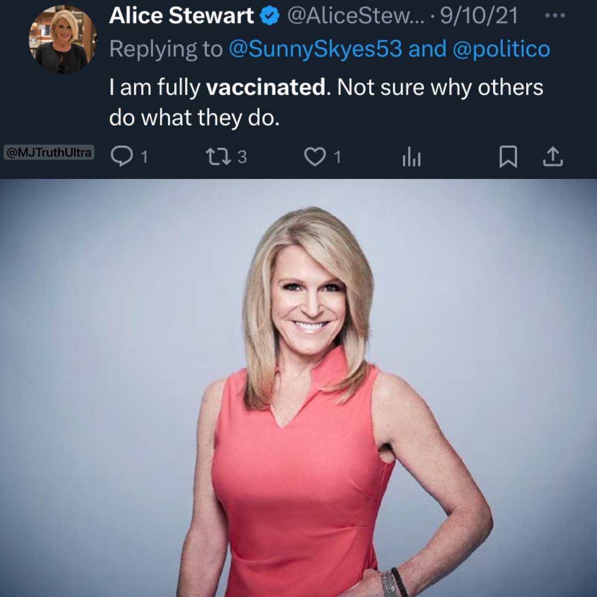 BREAKING: CNN Alice Stewart died Suddenly She was found outdoors early this morning… I’m sure it has nothing to do with that tweet.