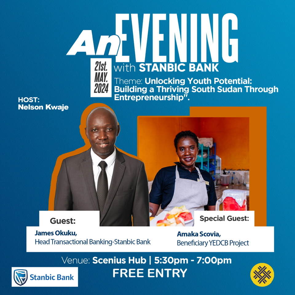 Mark your calendars for Tuesday, May 21st, 2024, 5:30-7 pm at Scenius Hub! Join us for an insightful panel discussion on youth enterprise development and the capacity-building revolving fund project under the Ministry of Youth and Sports. #SSOX @StanbicIBTC @undpsouthsudan