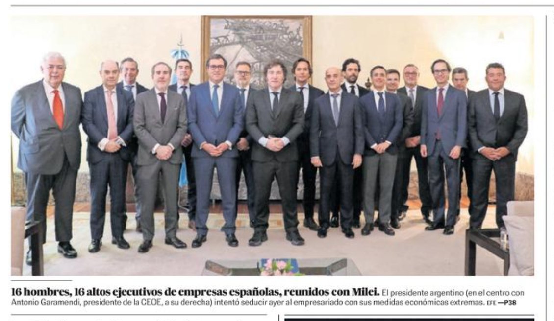 Sigo impactado por esta imagen: 16 hombres, empresarios, reunidos con el ultra Milei, que no venía a España en viaje oficial, sino para apoyar a Vox. Qué envidia de los empresarios alemanes, unidos contra la ultraderecha. Aquí, lo contrario, con Garamendi a la cabeza. Tremendo 👇